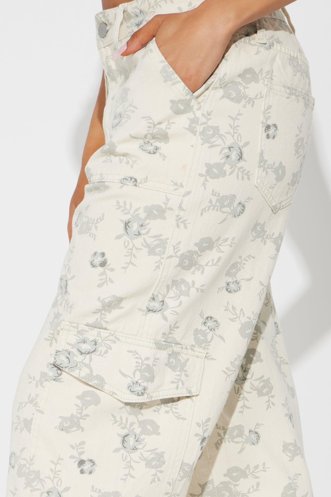 Budding Artist Printed Stretch Cargo Straight Leg Jeans - Ivory Product Image