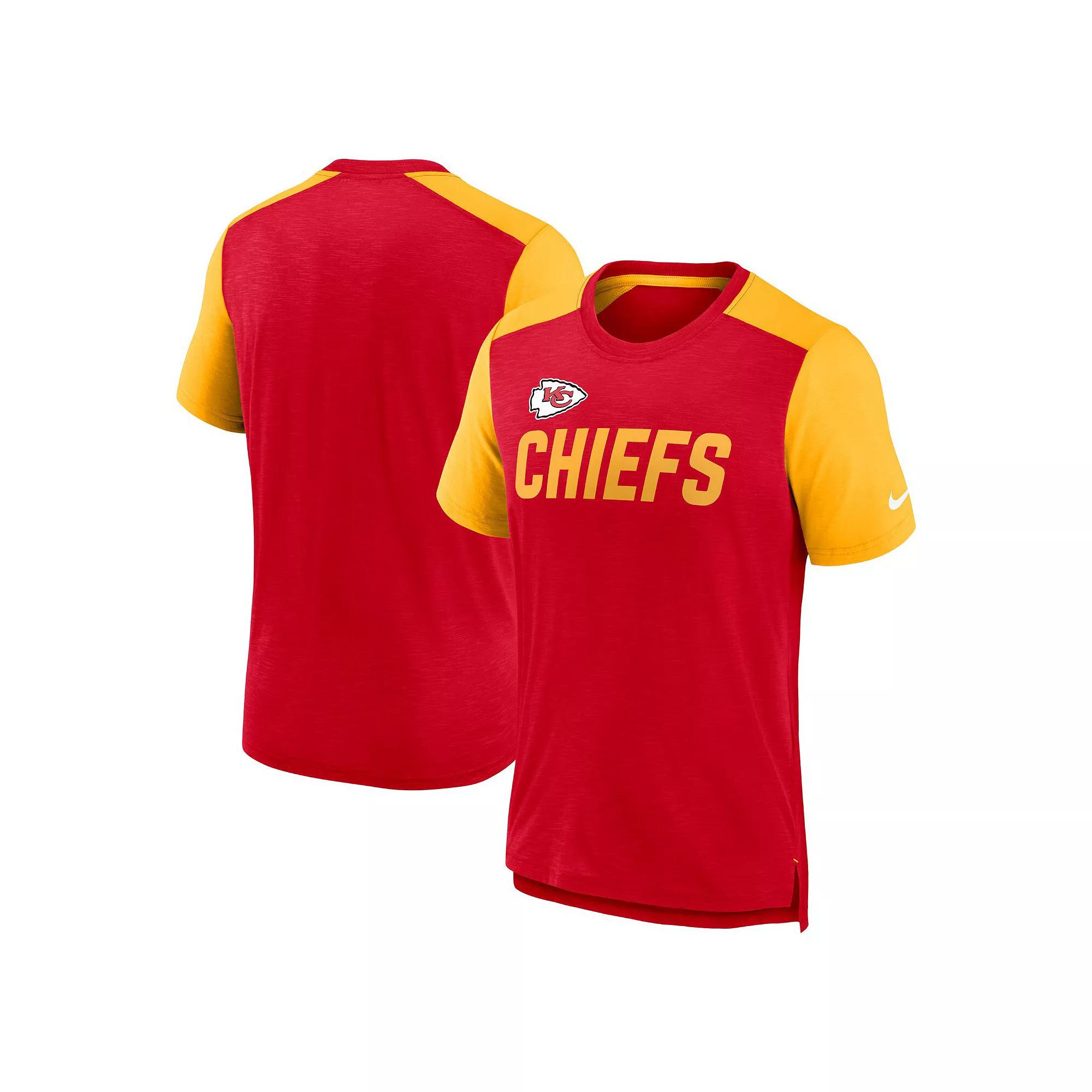Men's Nike Heathered Red/Heathered Gold Kansas City Chiefs Color Block Team Name T-Shirt, Size: Medium Product Image