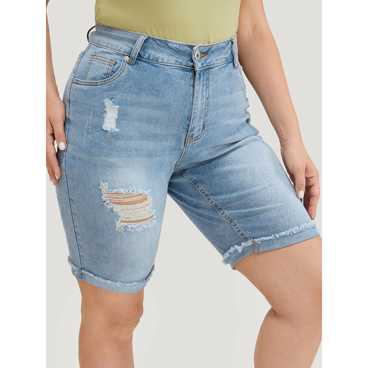 Plus Size Moderately Stretchy High Rise Light Wash Distressed Denim Shorts Women LightBlue Casual Plain Medium stretch Pocket Jeans BloomChic 14/1X Product Image