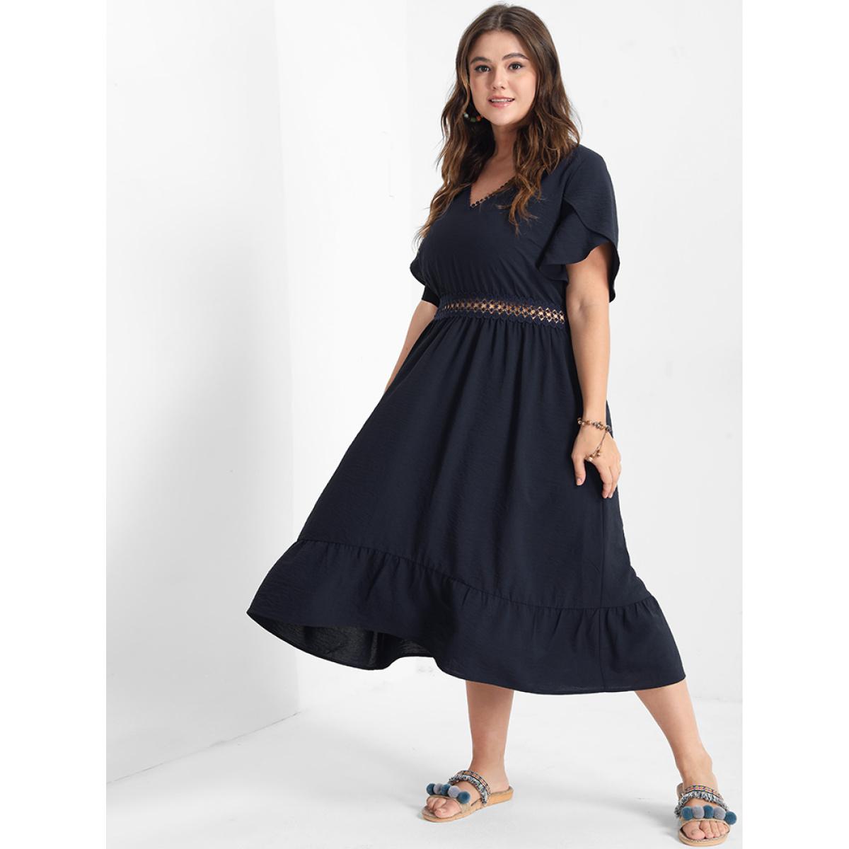 Plus Size Solid V Neck Eyelet Lace Split Sleeve Midi Dress DarkBlue Women Patchwork V-neck Short sleeve Curvy Midi Dress BloomChic 10/M Product Image