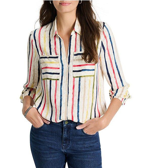 NIC + ZOE Painted Stripe Collar V-Neck Long Sleeve Top Product Image
