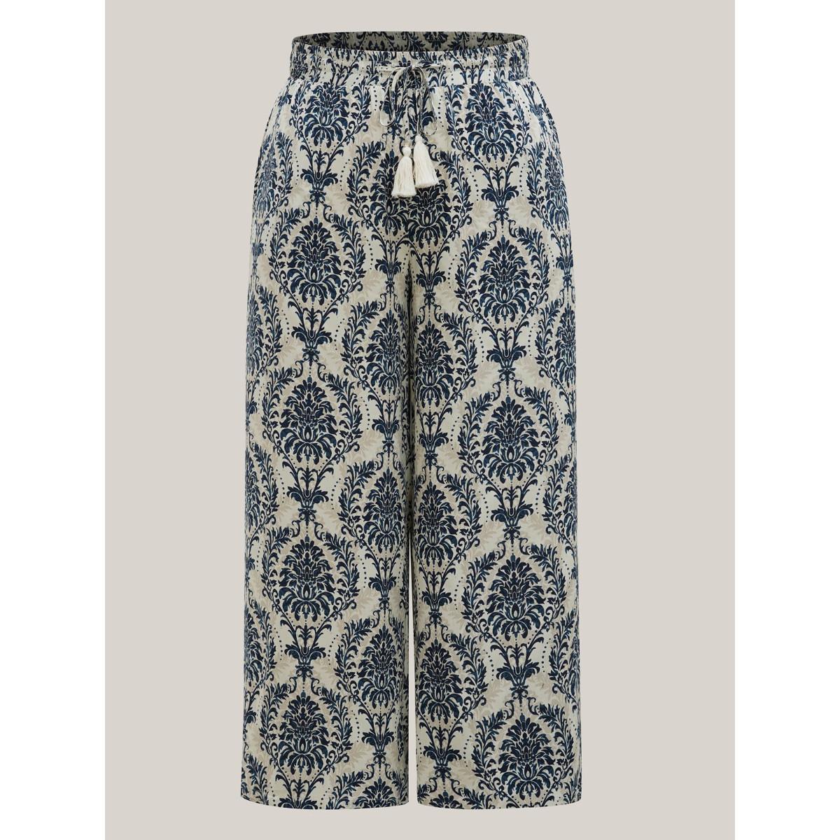 Plus Size Damask Print Tassel Straight-Leg Pants Women DarkBlue Boho Wide Leg Mid Rise Vacation Pants BloomChic 30/6X Product Image