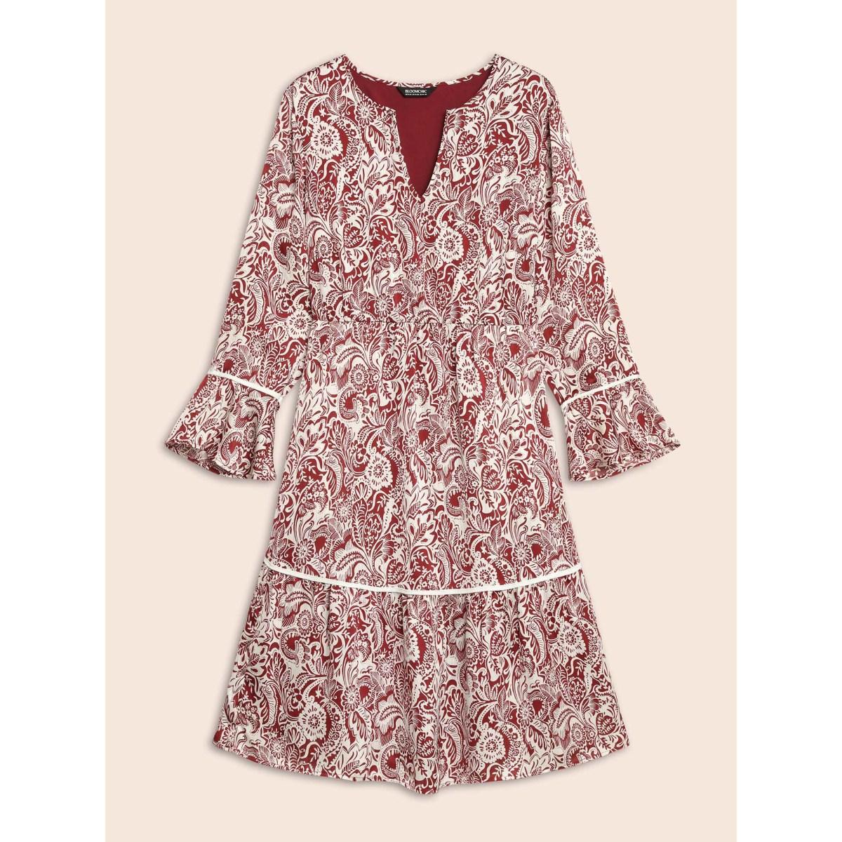 Plus Size Bandana Woven Ribbon Bell Sleeve Dress Scarlet Women Resort Woven ribbon&lace trim Notched collar Long Sleeve Curvy BloomChic 28/5X Product Image