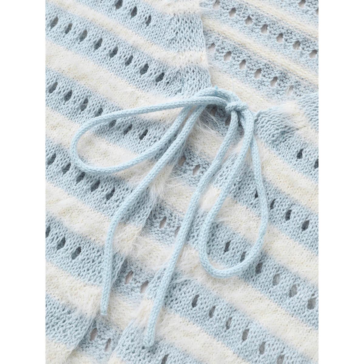 Plus Size Striped Contrast Ties Front Eyelet Cardigan LightBlue Women Casual Long Sleeve Everyday Cardigans BloomChic 10/M Product Image