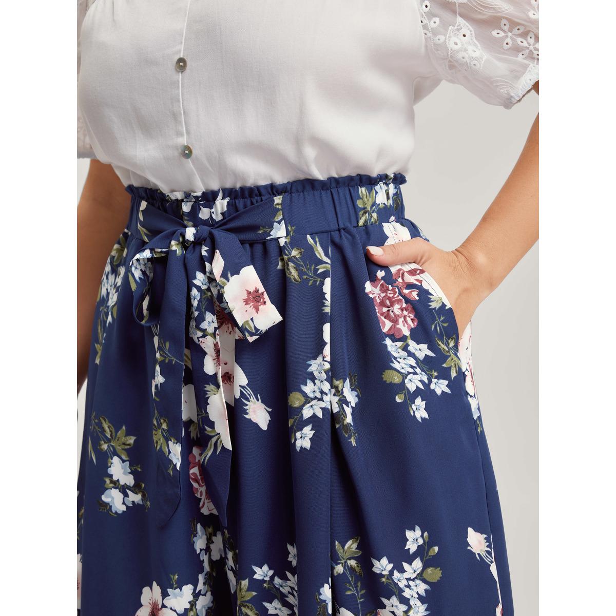 Plus Size Large Floral Print Wide-Leg Pants Women Indigo Romantic Loose Mid Rise Elegant Pants BloomChic 22-24/3X Product Image