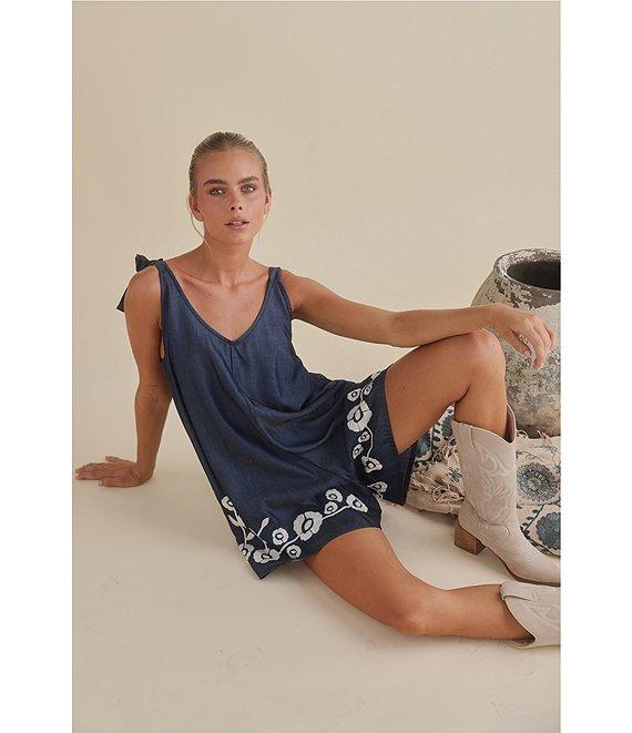 Talisman Temple V-Neck Sleeveless Floral Embroidered Mini Romper Product Image