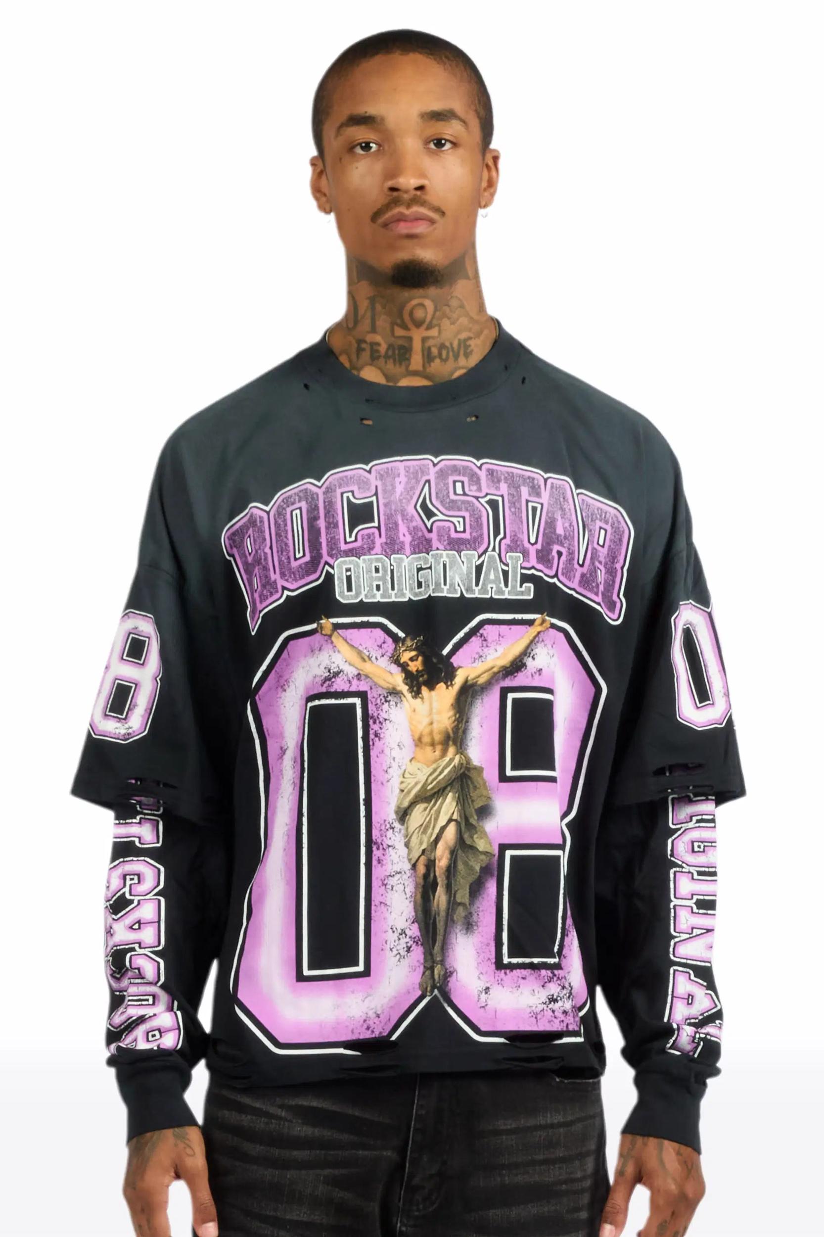 Fields Black/Purple Double Layer Long Sleeve Graphic T-Shirt Male Product Image