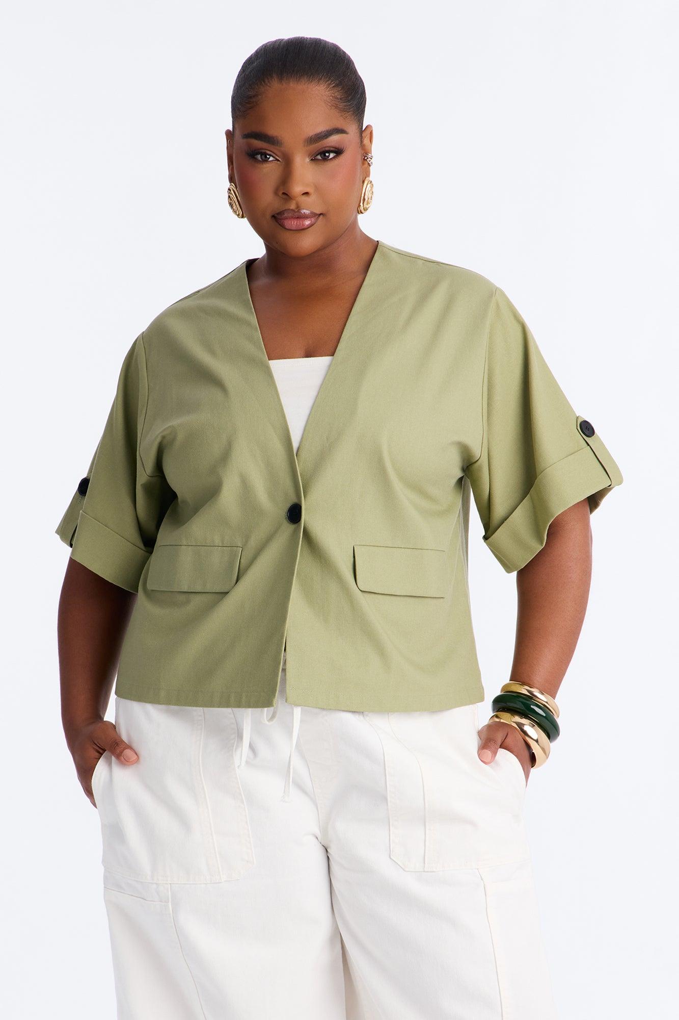 Ready When You Are Cuffed Linen Top - Olive Female Product Image