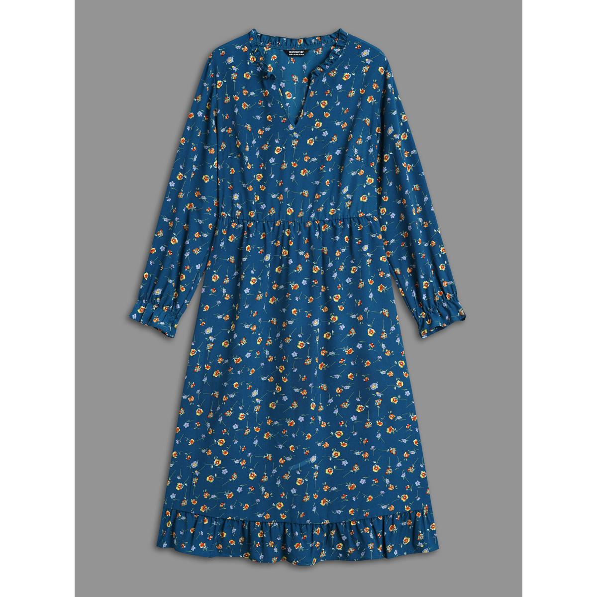 Plus Size Floral Print Collar Tiered Skirt Midi Dress Mediumblue Women Casual Frill Trim Flat collar with V-notch Long Sleeve Curvy BloomChic 22-24/3X Product Image