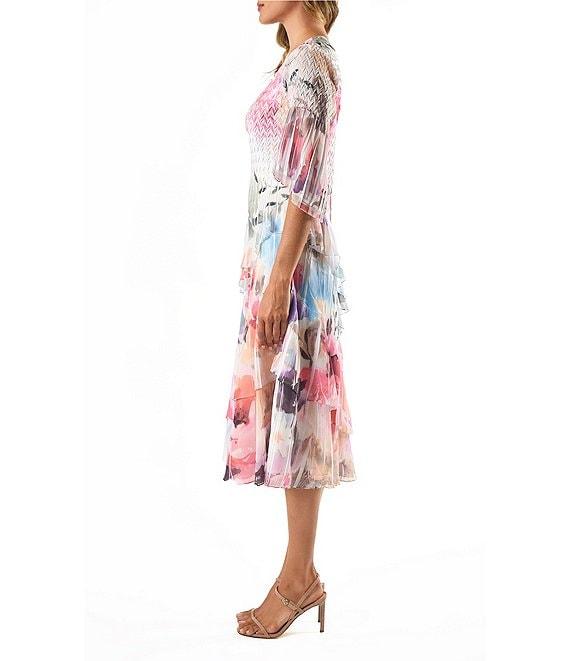 Komarov Scoop Neck Tulip Sleeve Watercolor Rose Mixed Media A-line Midi Dress Product Image