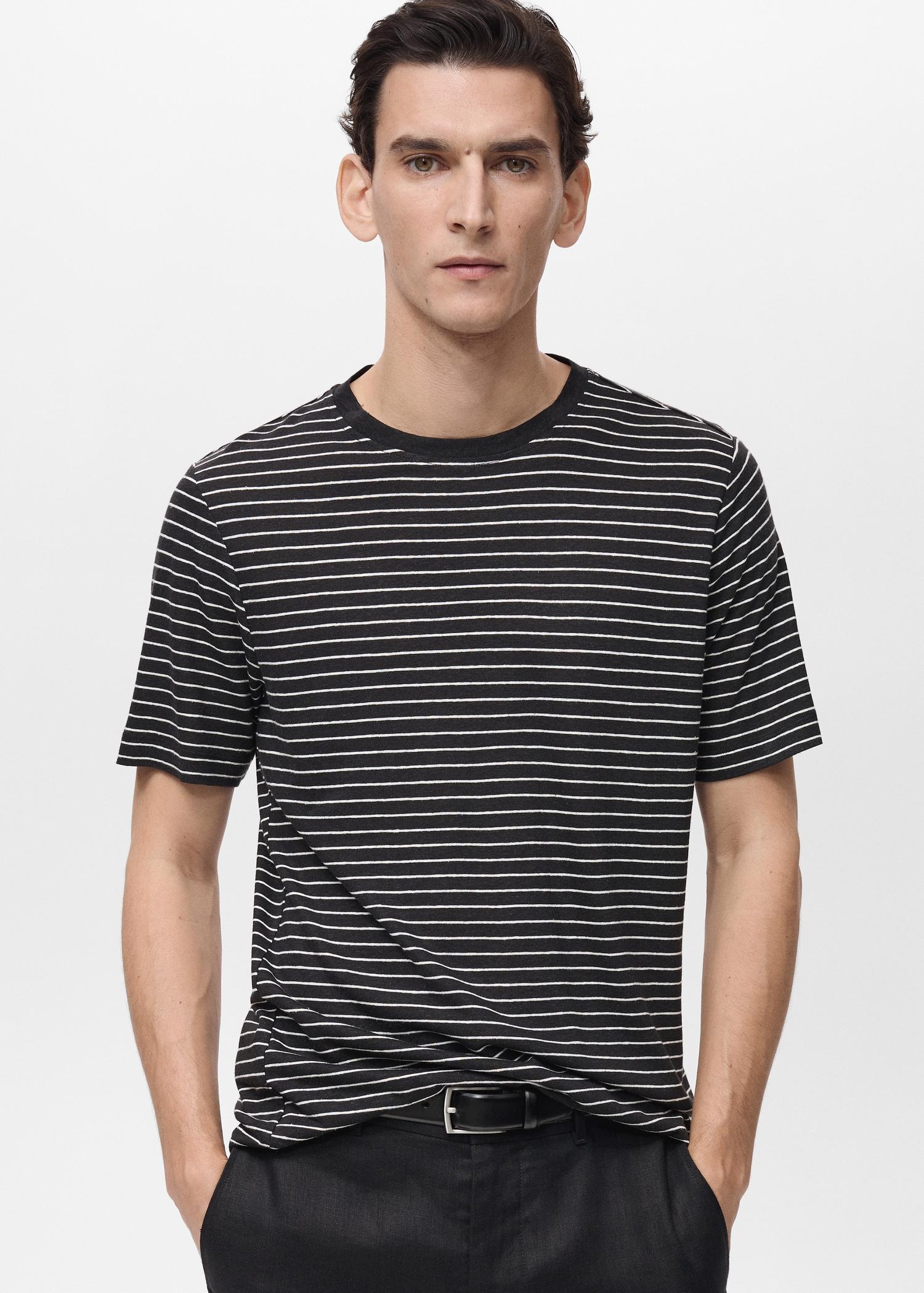 Striped slim-fit linen t-shirt - Men | MANGO USA Product Image