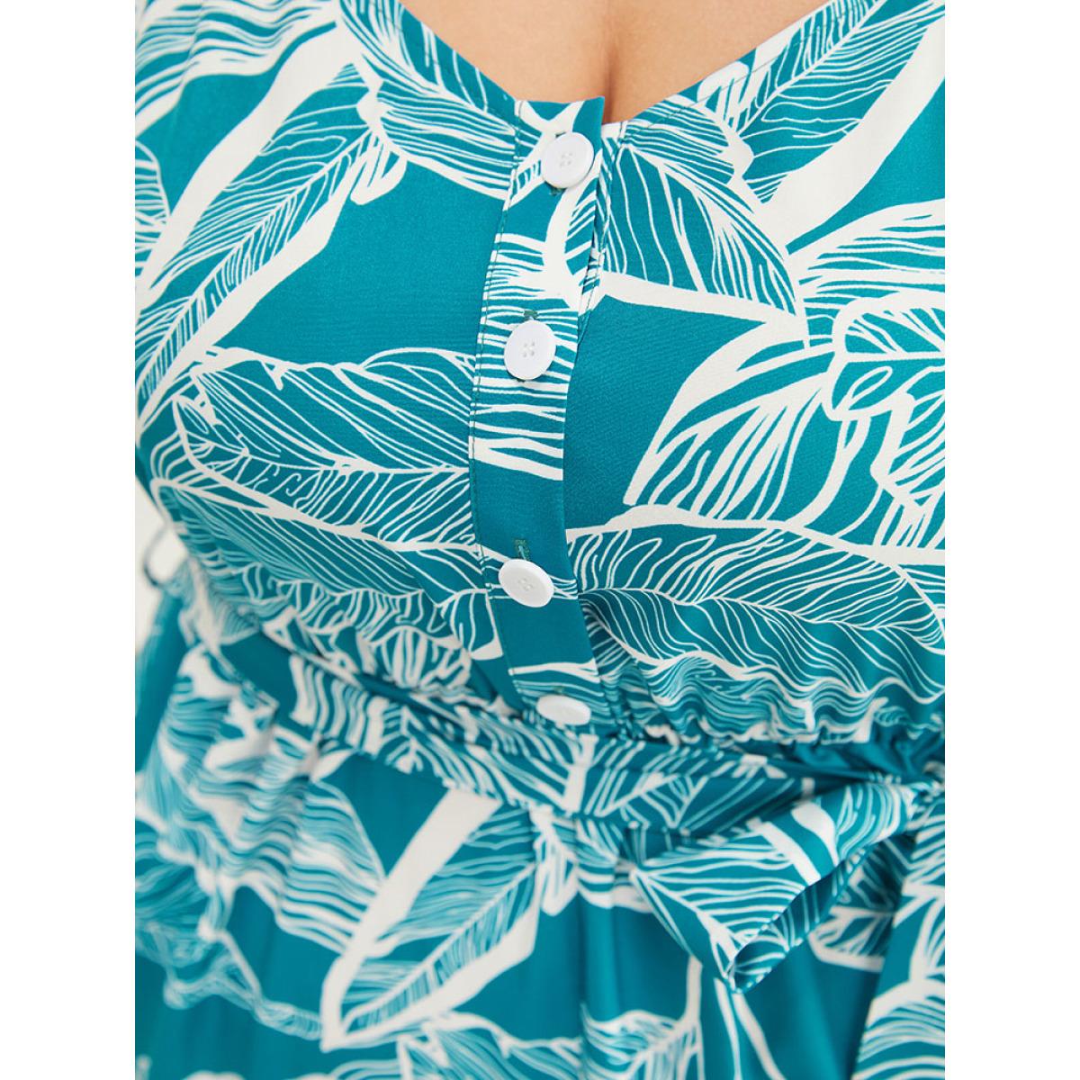 Plus Size Emerald Plant Print Button Through Pocket Belt Cami Jumpsuit Women Vacation Sleeveless Spaghetti Strap Dailywear Loose Jumpsuits BloomChic 12/L Product Image