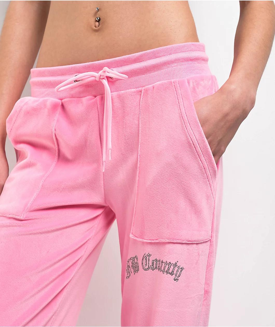 FB County Rhinestone Pink Velour Track Pants Product Image