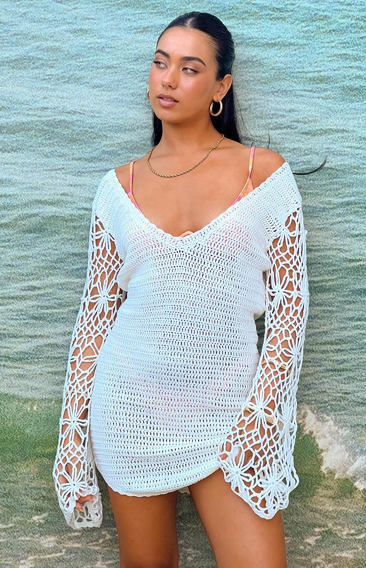 Amlee White Crochet Long Sleeve Mini Dress Product Image