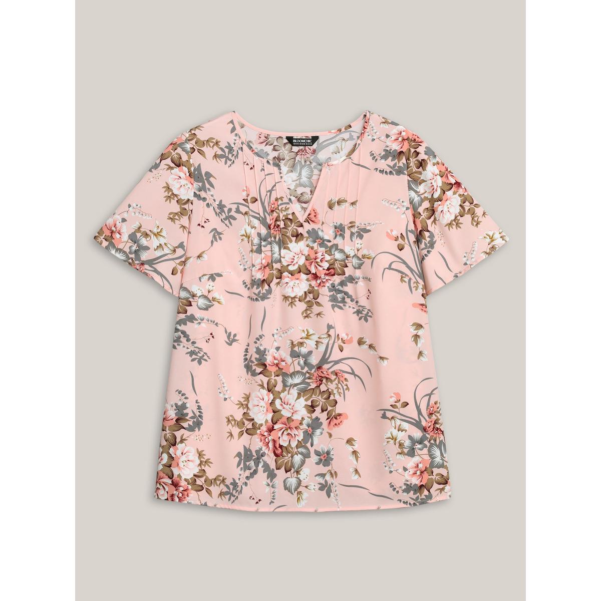 Plus Size Nudepink Spring Pattern Neck Cut-Out Pleated Shirt Women Timeless Short sleeve Notched collar Elegant Blouses BloomChic 22-24/3X Product Image