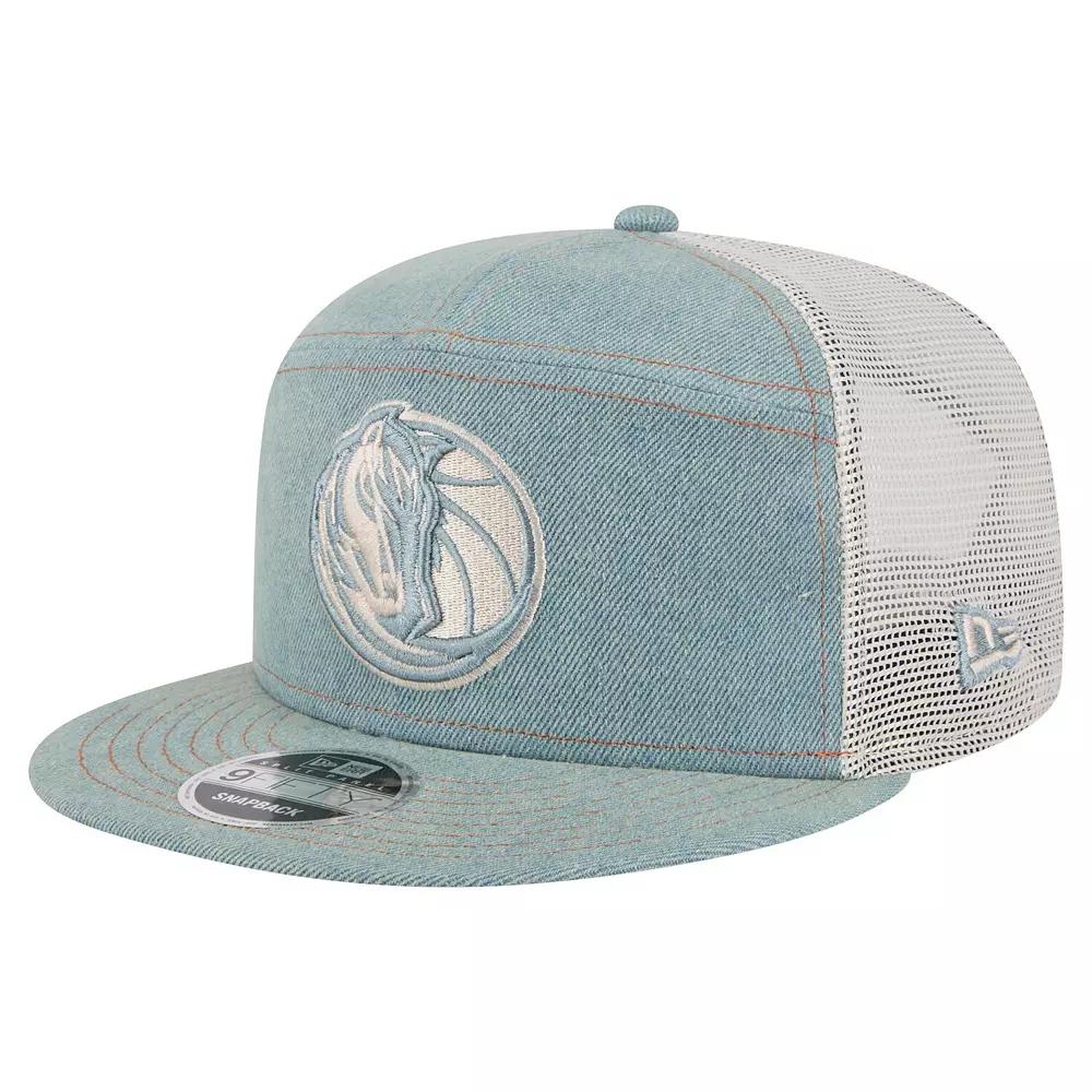 Men's New Era Dallas Mavericks Adventure Denim Split Panel 9FIFTY Snapback Trucker Hat, Turquoise A Product Image