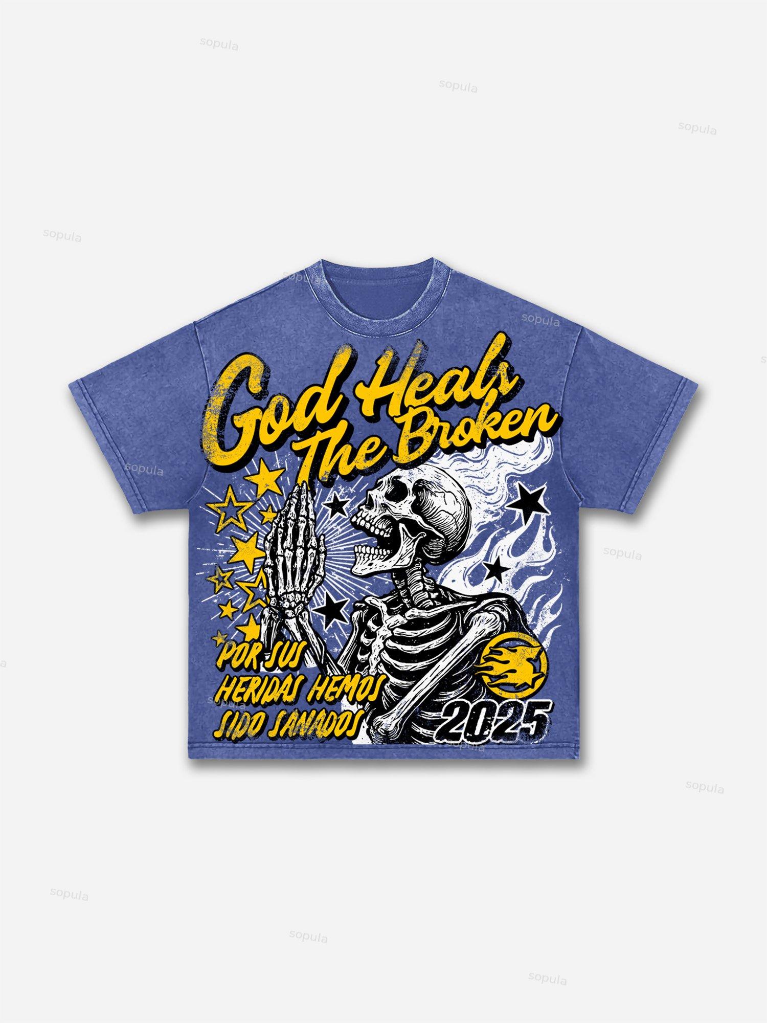 God Heals The Broken Vintage Graphic Acid Wash T-shirt Product Image