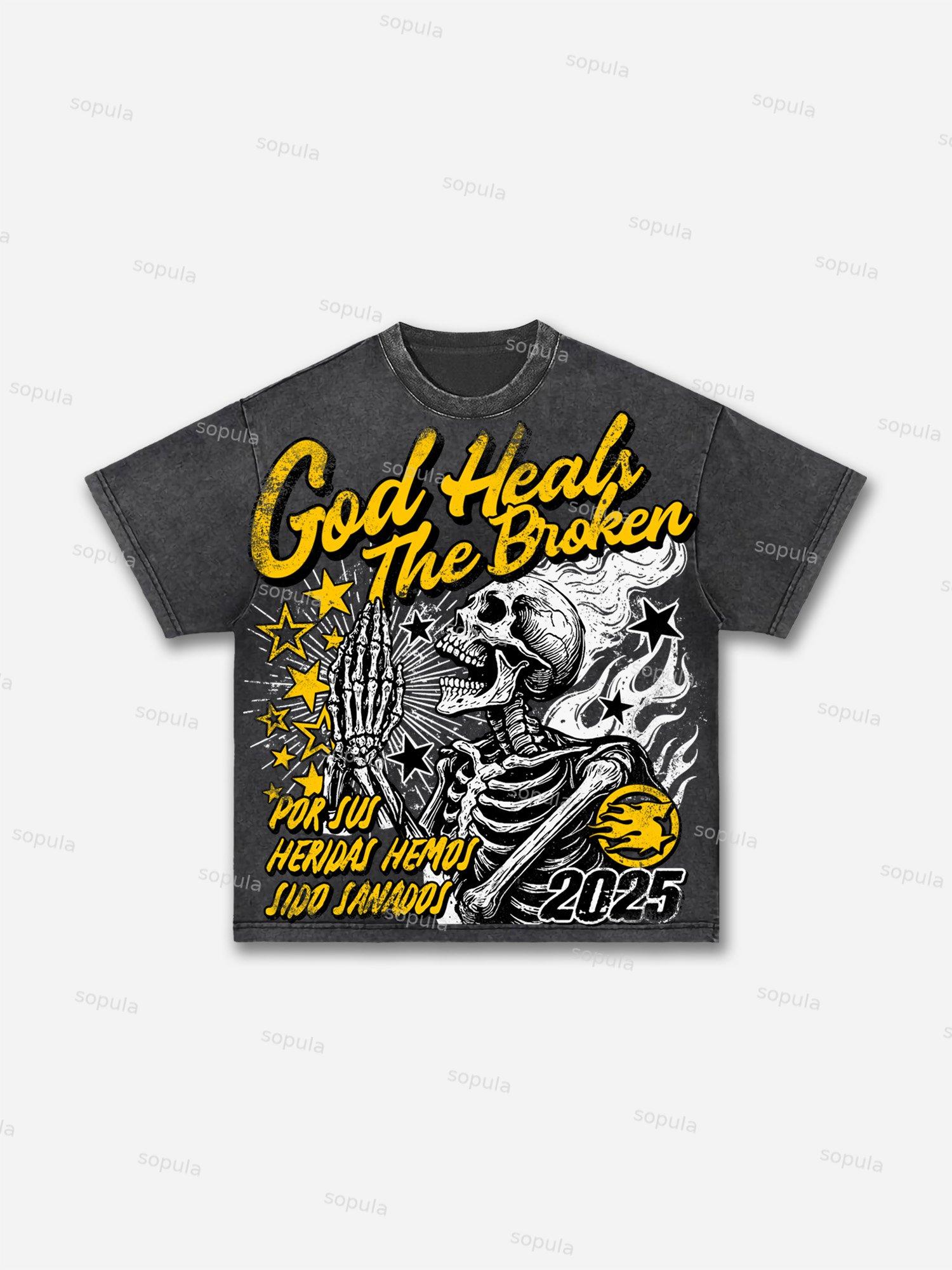 God Heals The Broken Vintage Graphic Acid Wash T-shirt Product Image