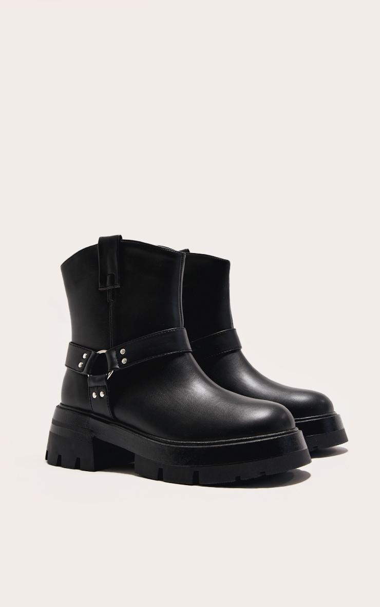 Black Wide Fit Cleated Sole Buckle Ring Detail Ankle Boots Product Image
