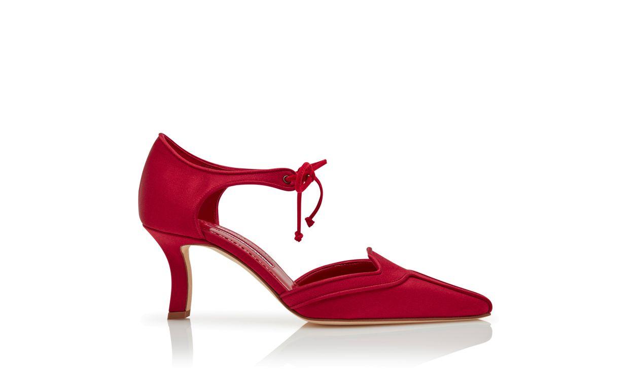 ORATA Red Satin Ankle Strap Pumps Product Image