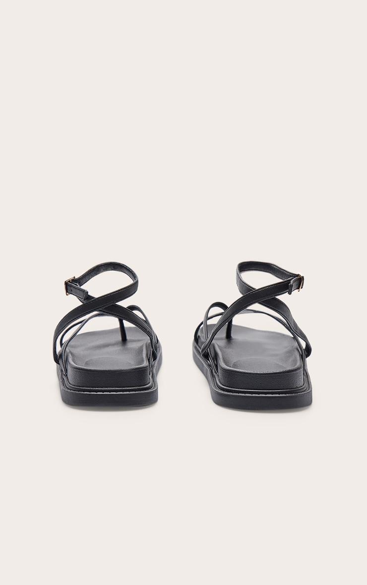 Black Pu Round Toe Thong Footbed Ankle Strap Flat Sandals Product Image