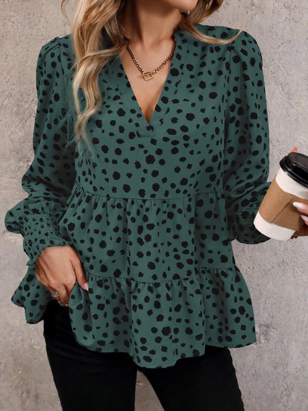 Long Sleeves Loose Elasticity Polka-Dot Split-Joint V-Neck Blouses&Shirts Tops Product Image