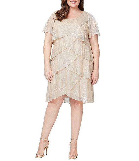 Ignite Evenings Plus Size V-Neck Shimmer Tiered Short Sleeve Dress Product Image