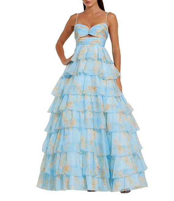 Mac Duggal Floral Print Sweetheart Neck Spaghetti Strap Sleeveless Cut Out Open Back Detail Ruffle Tiered Ball Gown Product Image