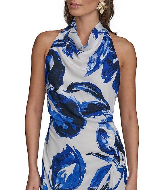 Donna Karan Cowl Neck Floral Print Asymmetric Hem Midi Dress Product Image
