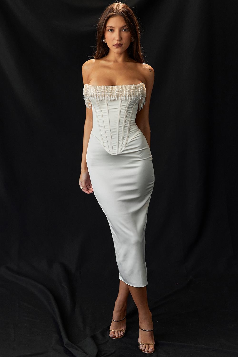 Nalita  vintage cream embellished strapless dress Product Image