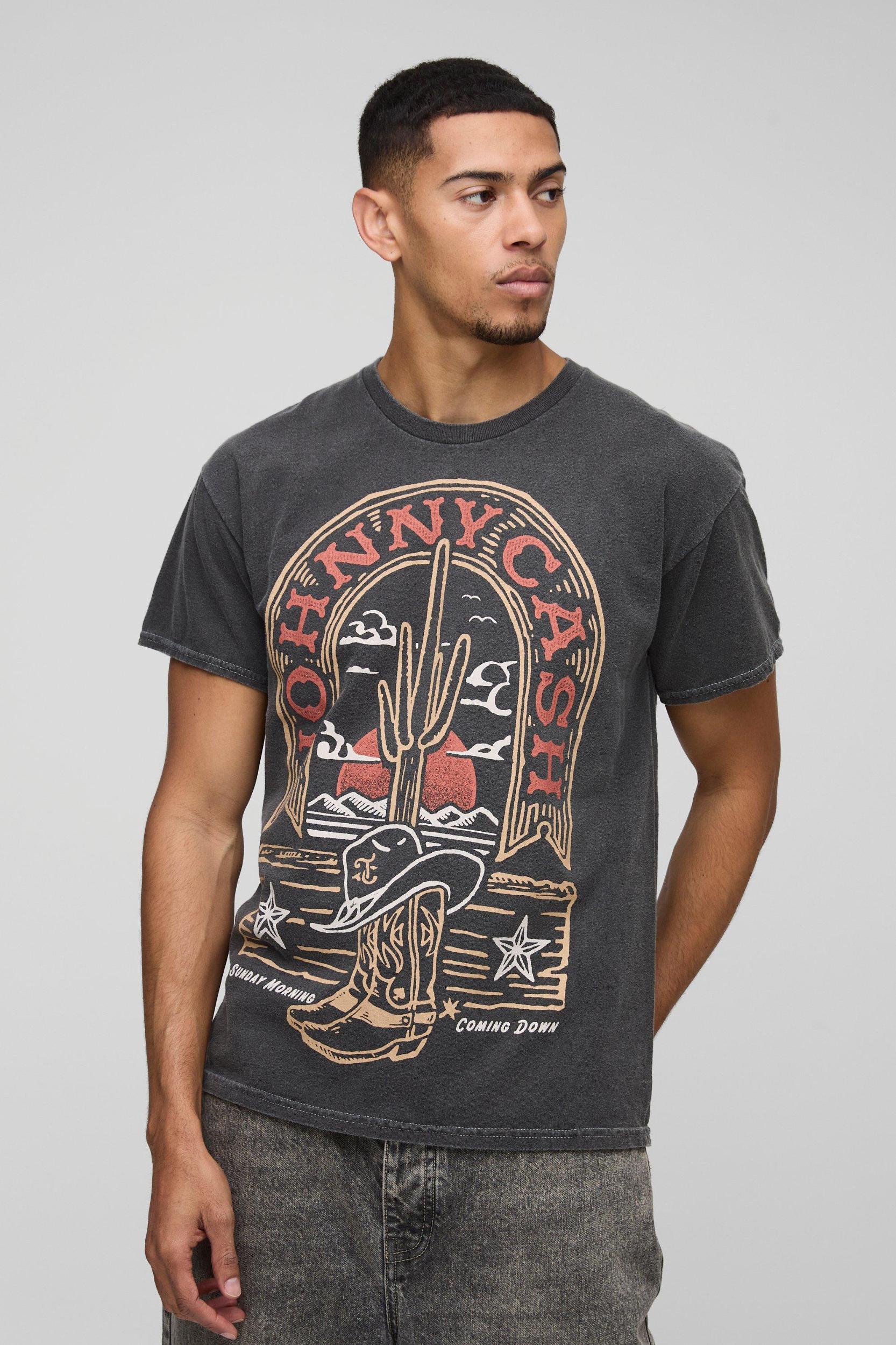 Regular Fit Johnny Cash Western License Washed T-Shirt | boohooMAN USA Product Image