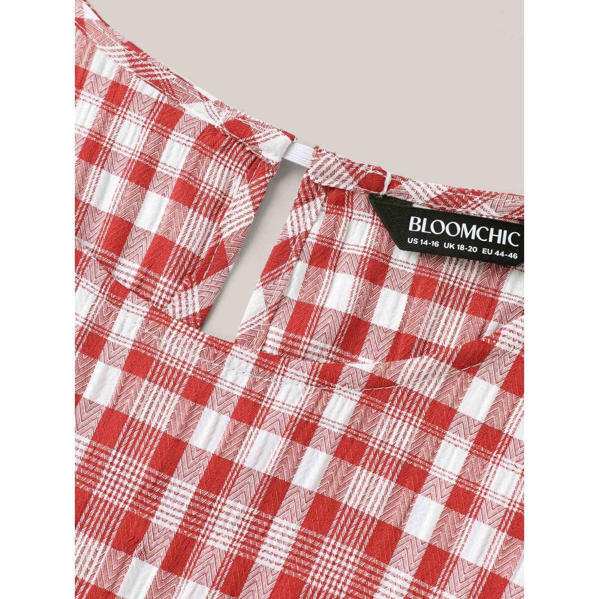 Plus Size Crimson Plaid Print Textured Lotus Leaf Sleeve Shirt Women Casual Cap Sleeve Round Neck Everyday Blouses BloomChic 12/L Product Image