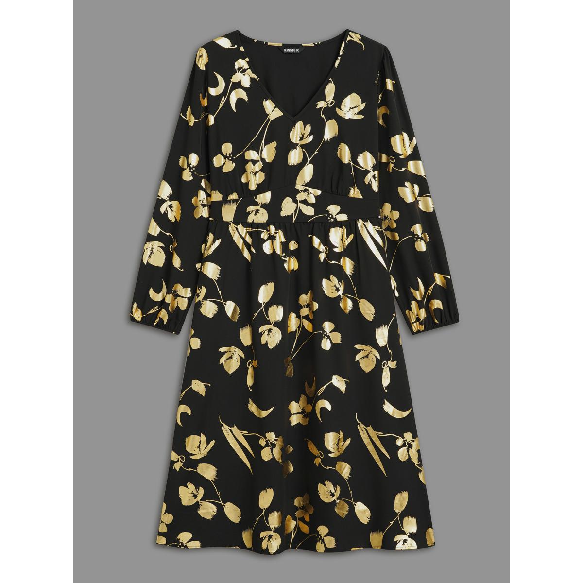 Plus Size Glitter Silhouette Floral Print Elastic Waist Dress BlackFlower Women Cocktail Non Party Curvy Bloomchic 18-20/2X Product Image