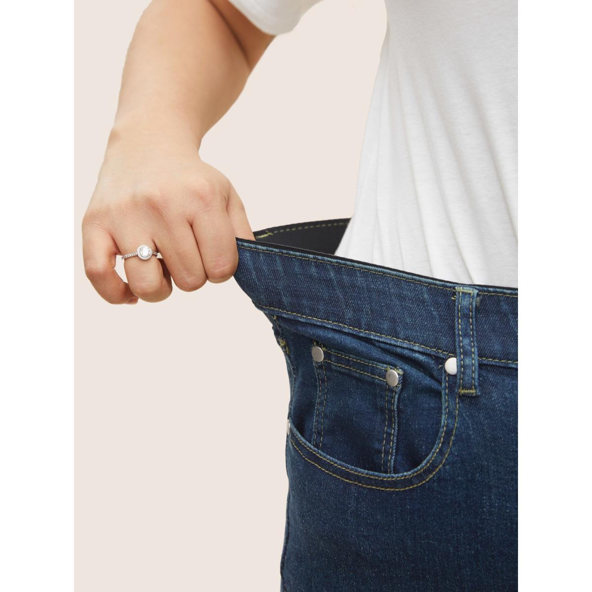 Plus Size Skinny Very Stretchy High Rise Dark Wash Gap Proof Jeans Women Indigo Casual Plain Non High stretch Slanted pocket Jeans BloomChic 12/L Product Image