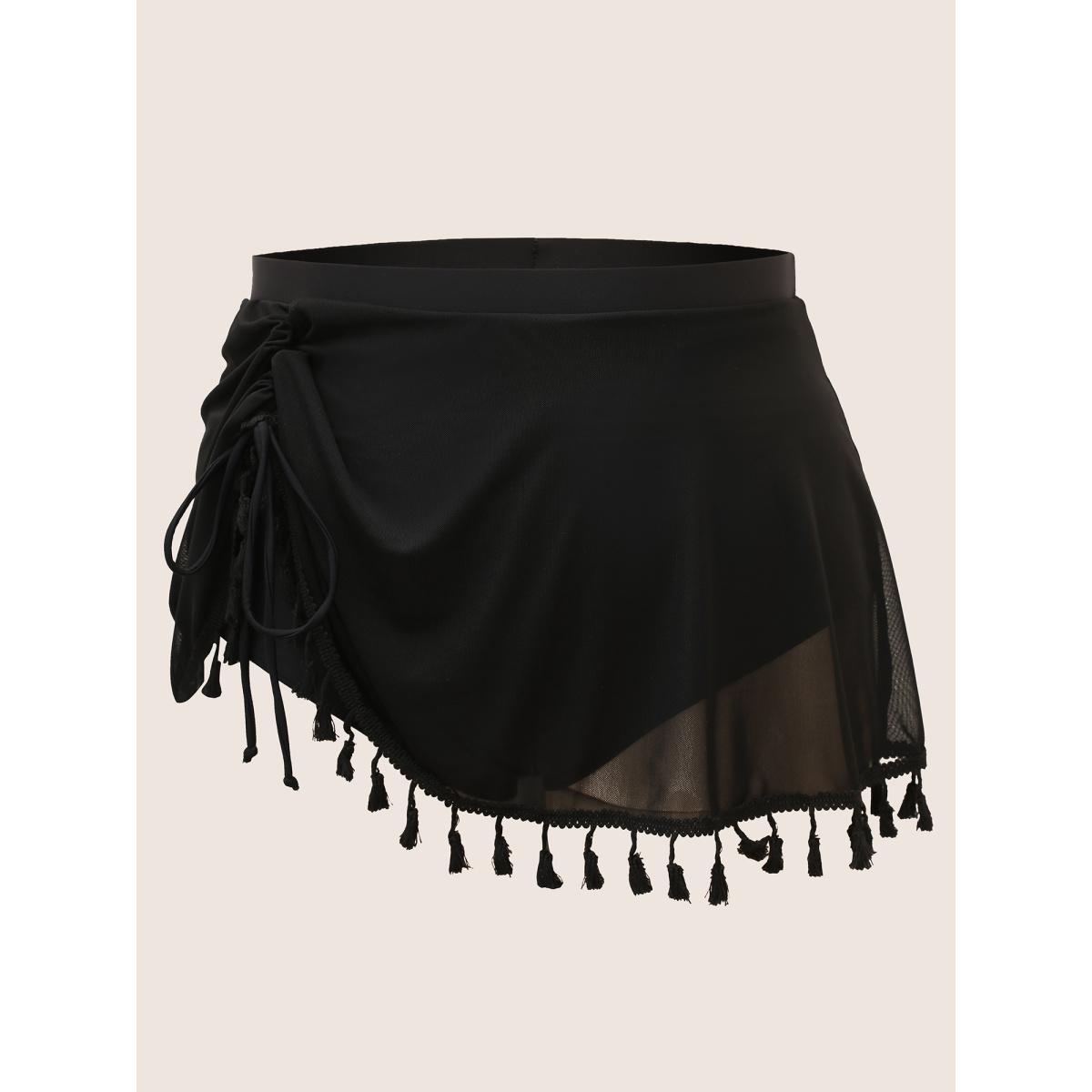 Plus Size Plain Tassel Trim Elastic Waist Swim Bottom Women's Swimwear Black Resort Gathered High stretch Bodycon High Rise Curve Swim Bottoms BloomChic 22-24/3X Product Image