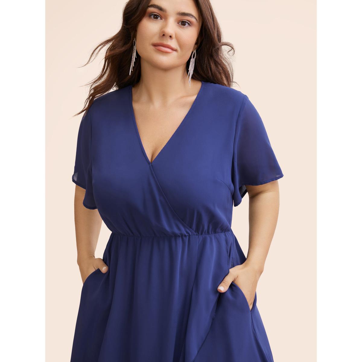 Plus Size Chiffon Overlap Collar Ruffle Sleeve Dress DarkBlue Women Formal See through Overlap Collar Short sleeve Curvy BloomChic 22-24/3X Product Image