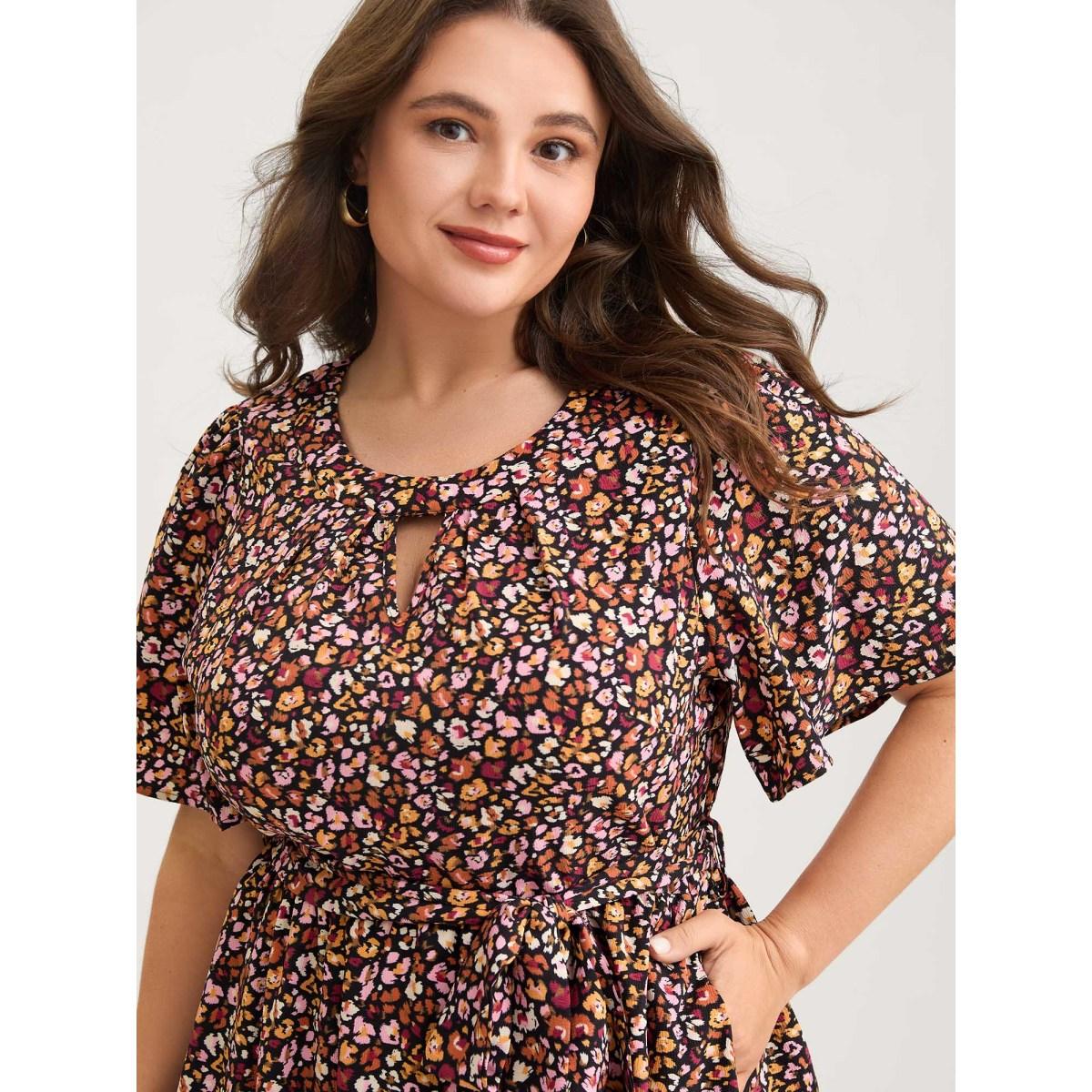Plus Size Floral Waist Tie Cut-Out Midi Dress Black Women Pleated Round Neck Short sleeve Curvy BloomChic 12/L Product Image