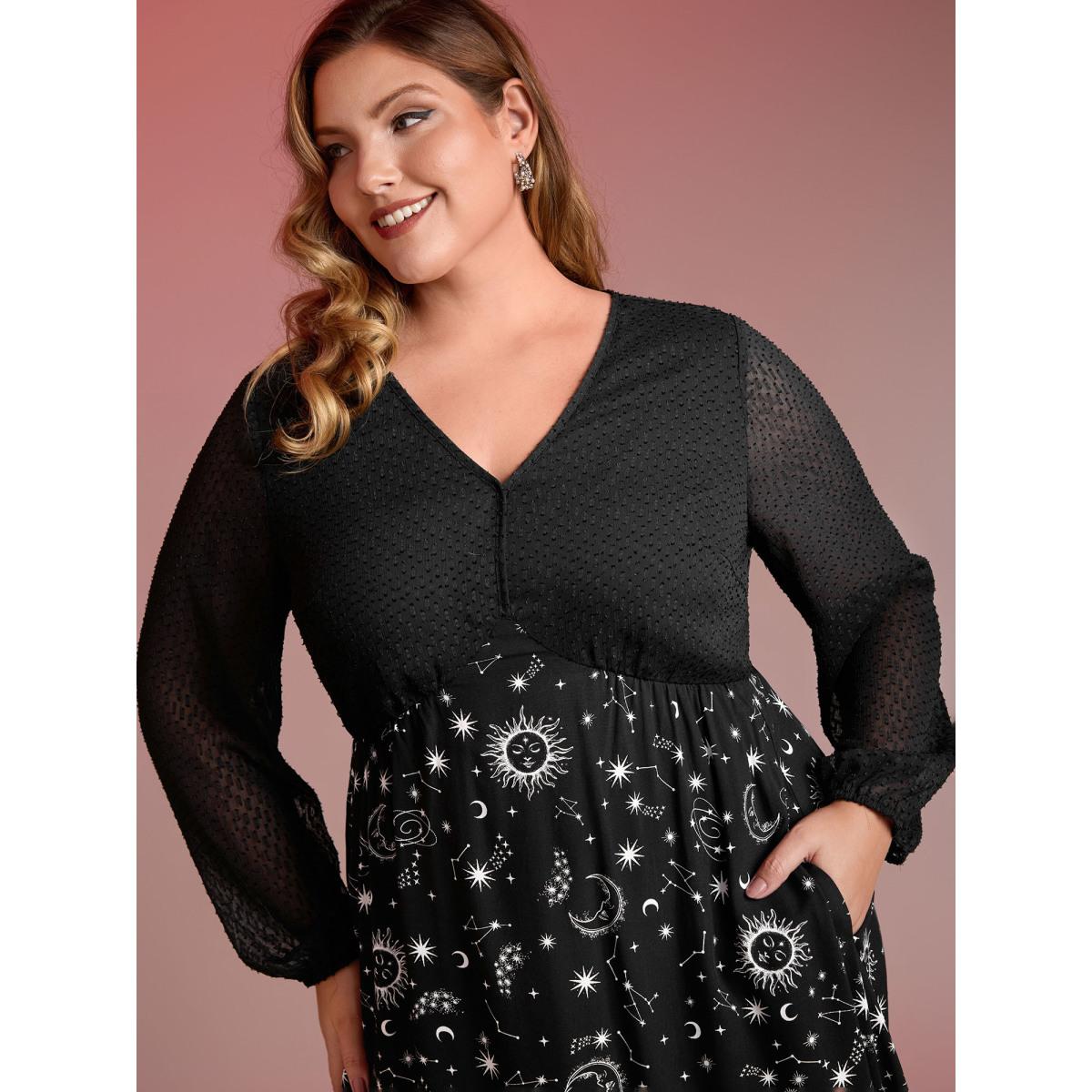 Plus Size Starry Adventure Contrast Sheer Midi Dress Black Women Timeless V-neck Extra Long Sleeve Curvy BloomChic 22-24/3X Product Image