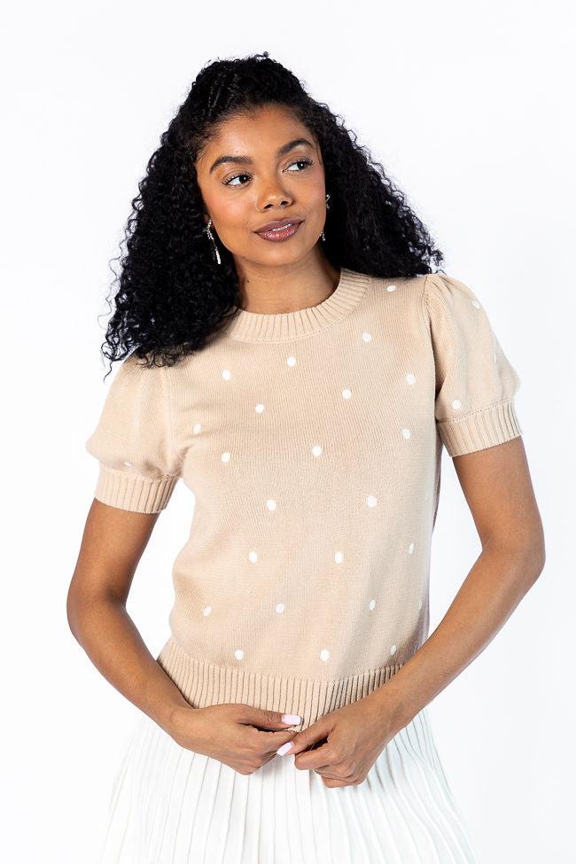 Polka Dot Daydreams Taupe and Ivory Short Sleeve Sweater FINAL SALE Product Image