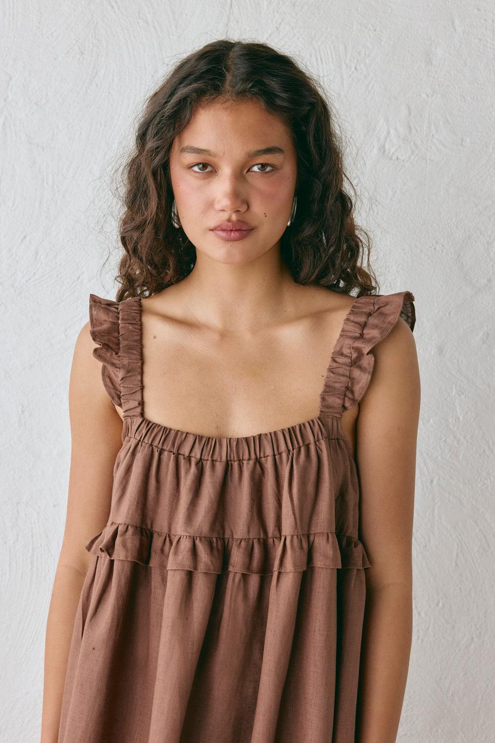 Rossana Linen Maxi Dress Chocolate Product Image