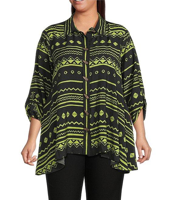 Ali Miles Plus Size Woven Zig-Zag Harmony Print Point Collar 3/4 Roll-Tab Sleeve Asymmetric Hem Button Front Tunic Product Image