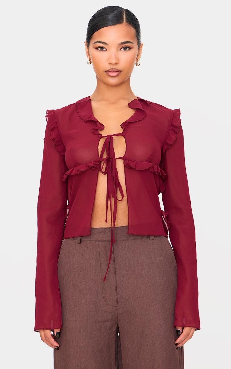 Burgundy Chiffon Ruffle Fitted Tie Front Blouse Product Image