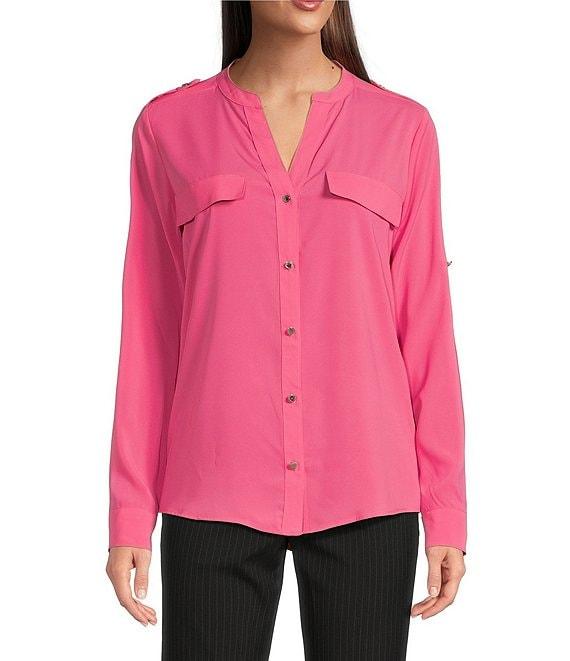 Calvin Klein Crew Neck Roll Sleeve Button Front Blouse Product Image