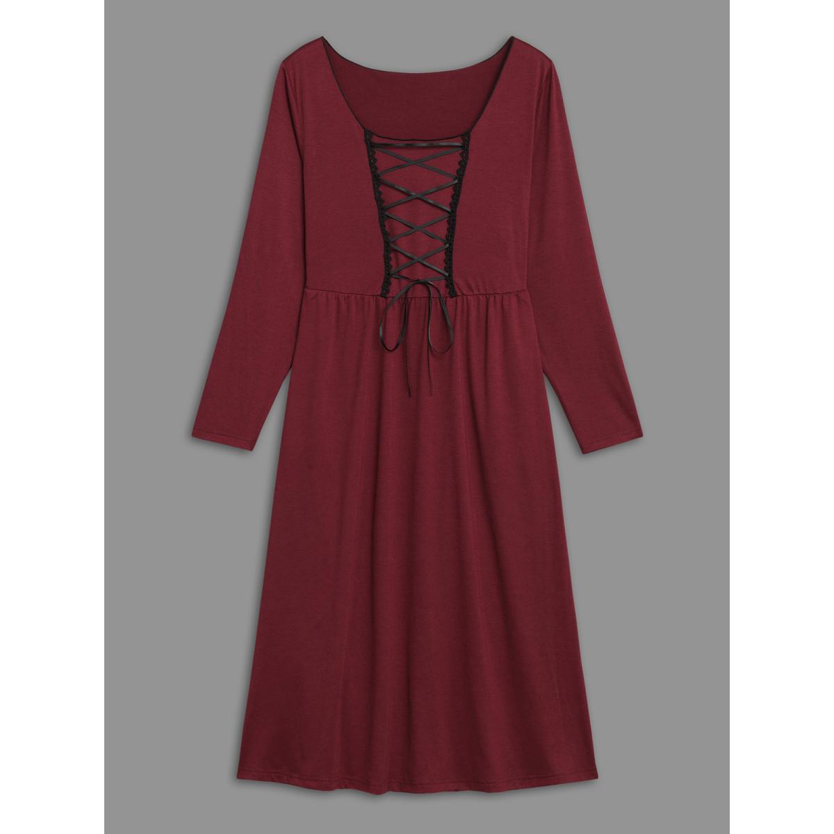 Plus Size Square Neck Lace Panel Lace Up Dress Burgundy Women Elegant Woven ribbon&lace trim Square Neck Long Sleeve Curvy BloomChic 22-24/3X Product Image