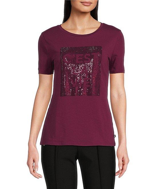 KARL LAGERFELD PARIS Knit Floral Print Crew Neck Short Sleeve Tee Shirt Product Image