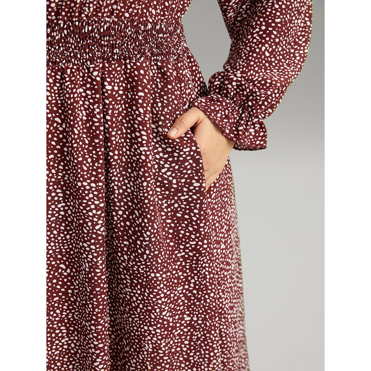 Plus Size Polka Dot Shirred Ruffles Pocket Dress Burgundy Women Casual Printed Round Neck Long Sleeve Curvy Midi Dress BloomChic 22-24/3X Product Image