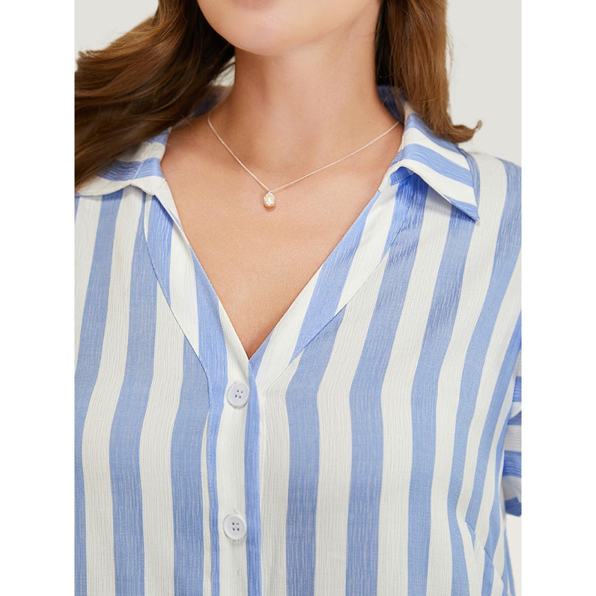 Plus Size Striped Print Ruffles Layered Cap Sleeve Button Up Dress LightBlue Women Office Contrast Lapel Collar Cap Sleeve Curvy Knee Dress BloomChic 12/L Product Image