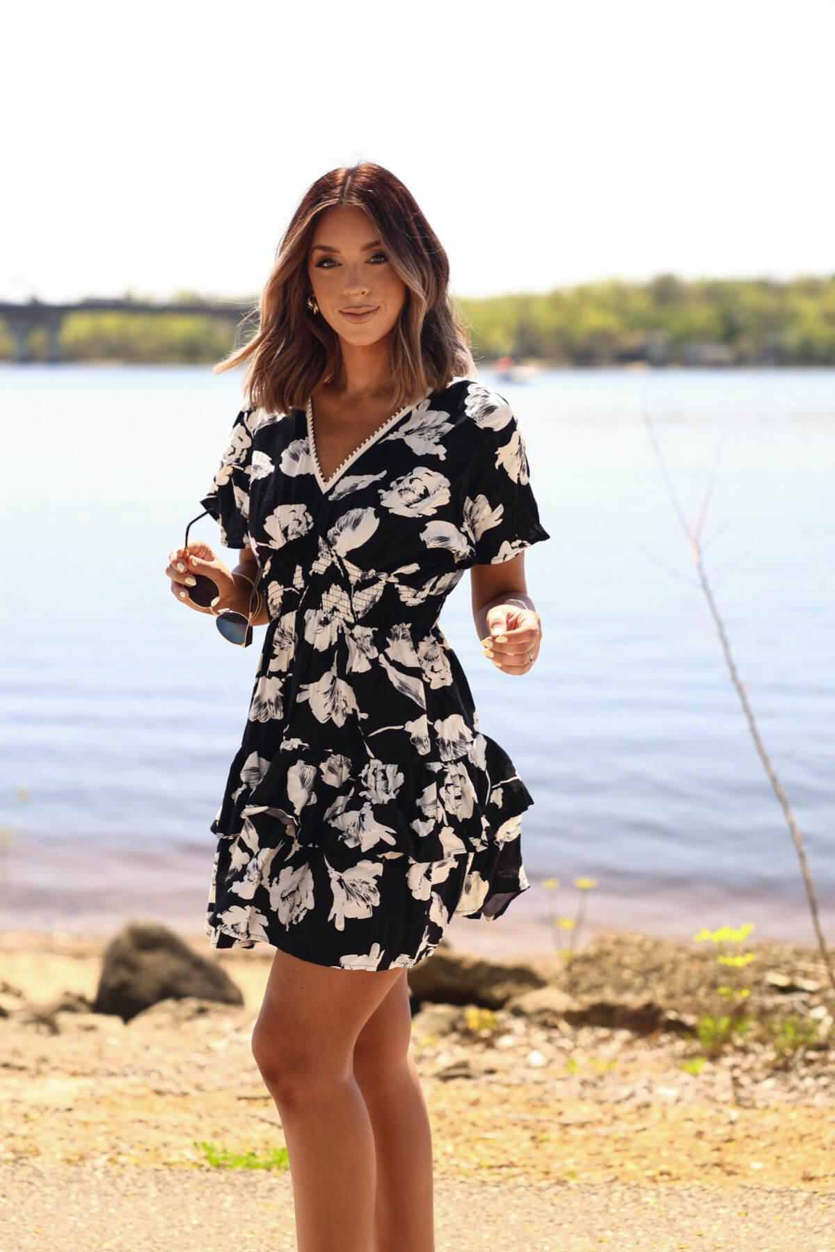 Black Print Smock Tiered Mini Dress - FINAL SALE Product Image