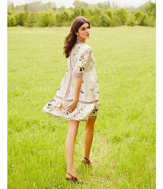 JOHNNY WAS Loren Floral Border Print Silk-Blend V-Neck Elbow Sleeve A-Line Dress Product Image