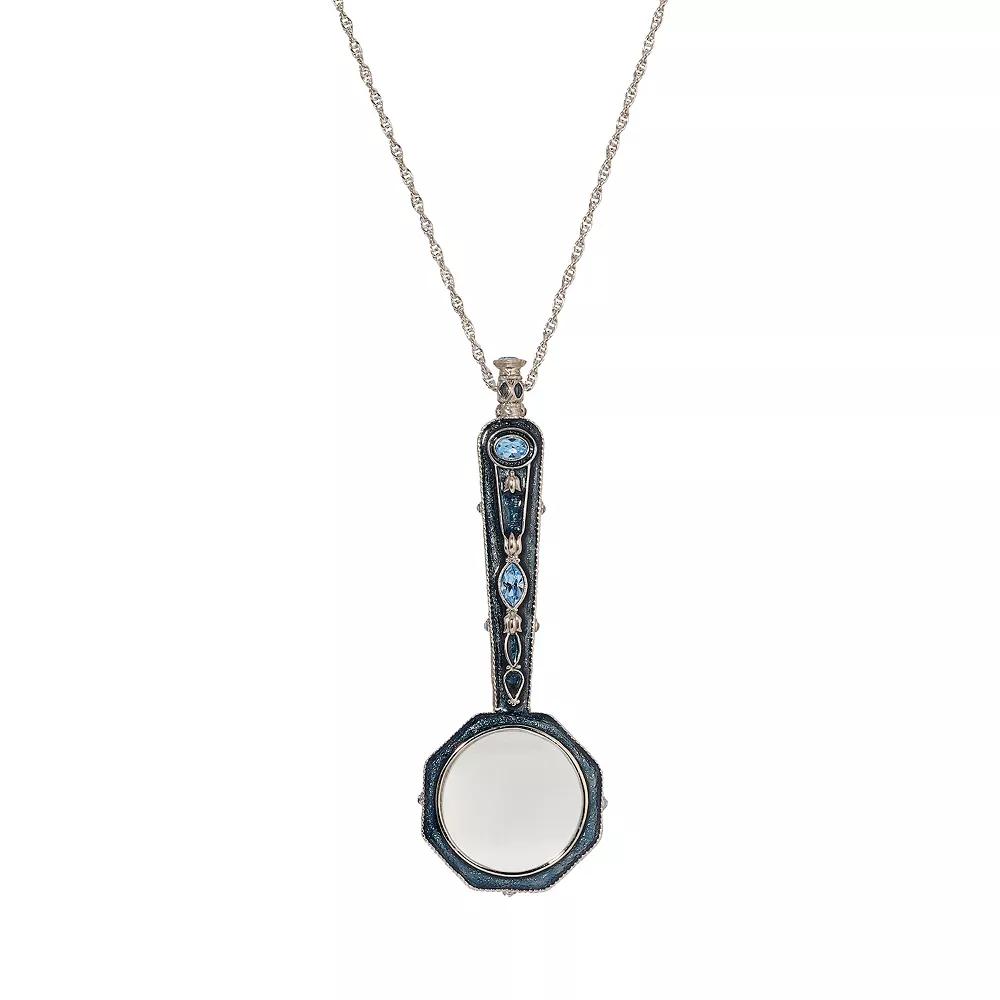 1928 Silver Tone Blue Enamel Magnifying Glass Necklace, Womens Product Image